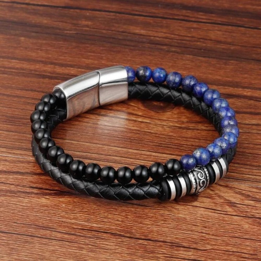 Lapis Lazuli Obsidian Stone Men's Leather Braided Bracelet Bangle Magnetic Clasp